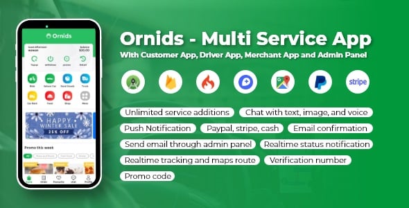 Ornids – Multi Service App With Customer App, Driver App, Merchant App and Admin Panel
