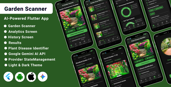AI Garden Scanner Flutter App | Plant Identifier  Garden Care Assistant | Light  Dark Theme