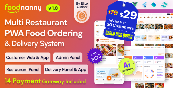 FoodNanny – Multi Restaurant Food Delivery App with PWA Website  Laravel Admin with AI Assistant