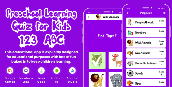 Preschool Learning Quiz For Kids with AdMob Facebook Ads Android